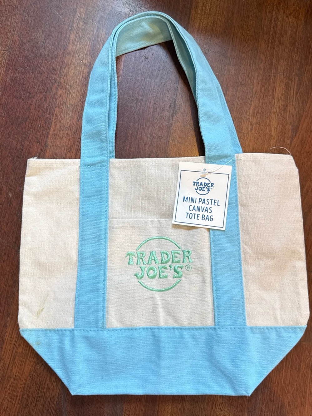 Trader Joe's Mini Pastel Canvas Tote Bag - Cream & Light Blue SEE DESC.